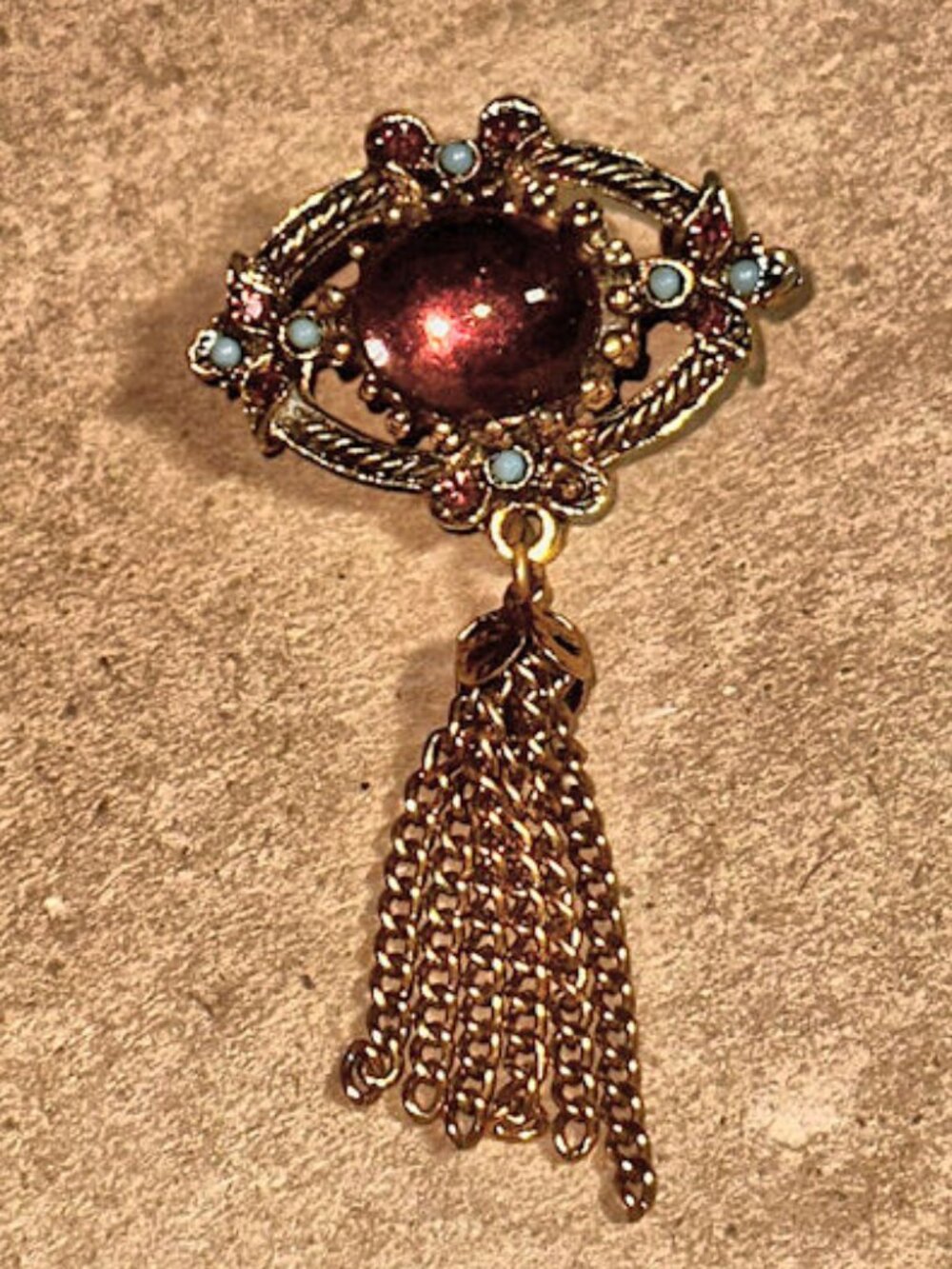 Purple Stone Pin, Brooch with Colored Stones and Chain Accent